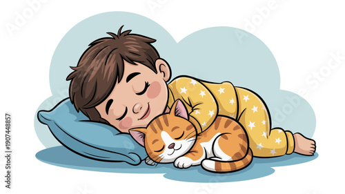 A young boy peacefully sleeping with his orange cat on a blue pillow and cloud background