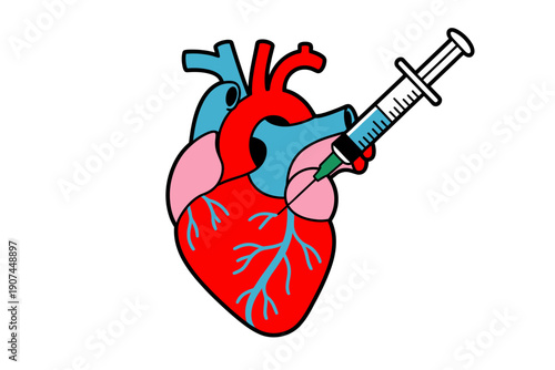 A medical illustration of a heart with a syringe injecting into it, symbolizing health and medicine.