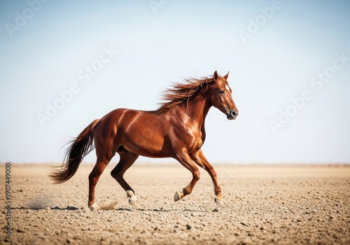 Powerful brown horse trotting through dry earth, its mane and tail flowing, showcasing the dynamic movement of the animal, outdoor, trot, bay