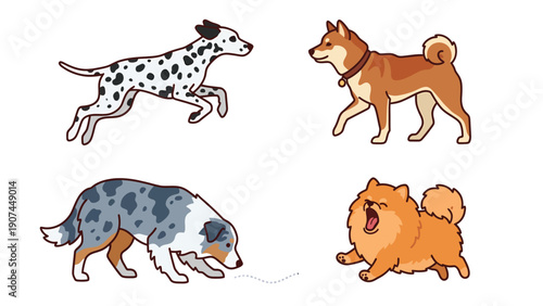 Diverse Cartoon Dog Breeds Set: Dalmatian, Shiba Inu, Australian Shepherd, Pomeranian Illustrations