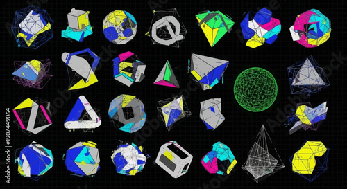 Abstract Geometric Shapes Collection, Futuristic 3D Renderings, Digital Art, Colorful Forms