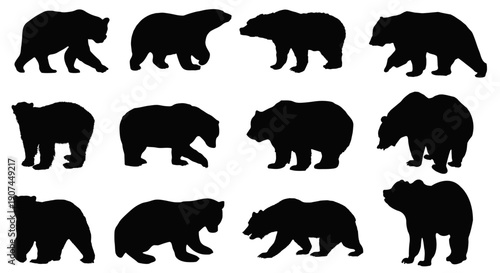 Grizzly Bear Silhouette Collection: A striking set of grizzly bear black silhouettes in various poses and stances, perfect for design assets. 
