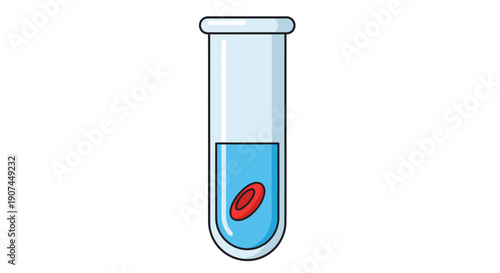 Test tube with red blood cell floating in blue liquid.