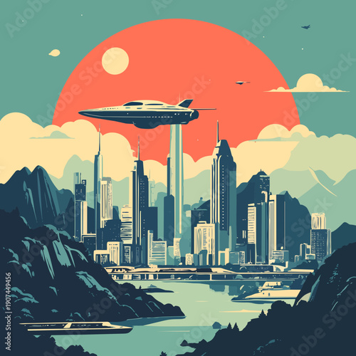 Retro Futuristic Cityscape Art Print - Sci-Fi Metropolis Poster - Vintage Space Age Wall Decor