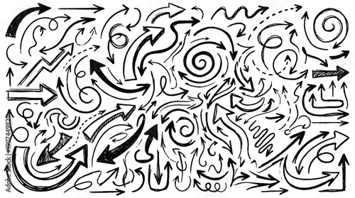 Hand-Drawn Arrows: Black Ink Strokes, Creative Directional Symbols, Sketchy Vector Set