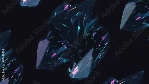 A 3D render of multiple faceted gemstones with iridescent reflections on a black background. Perfect for graphic resources, presentations, and marketing materials.