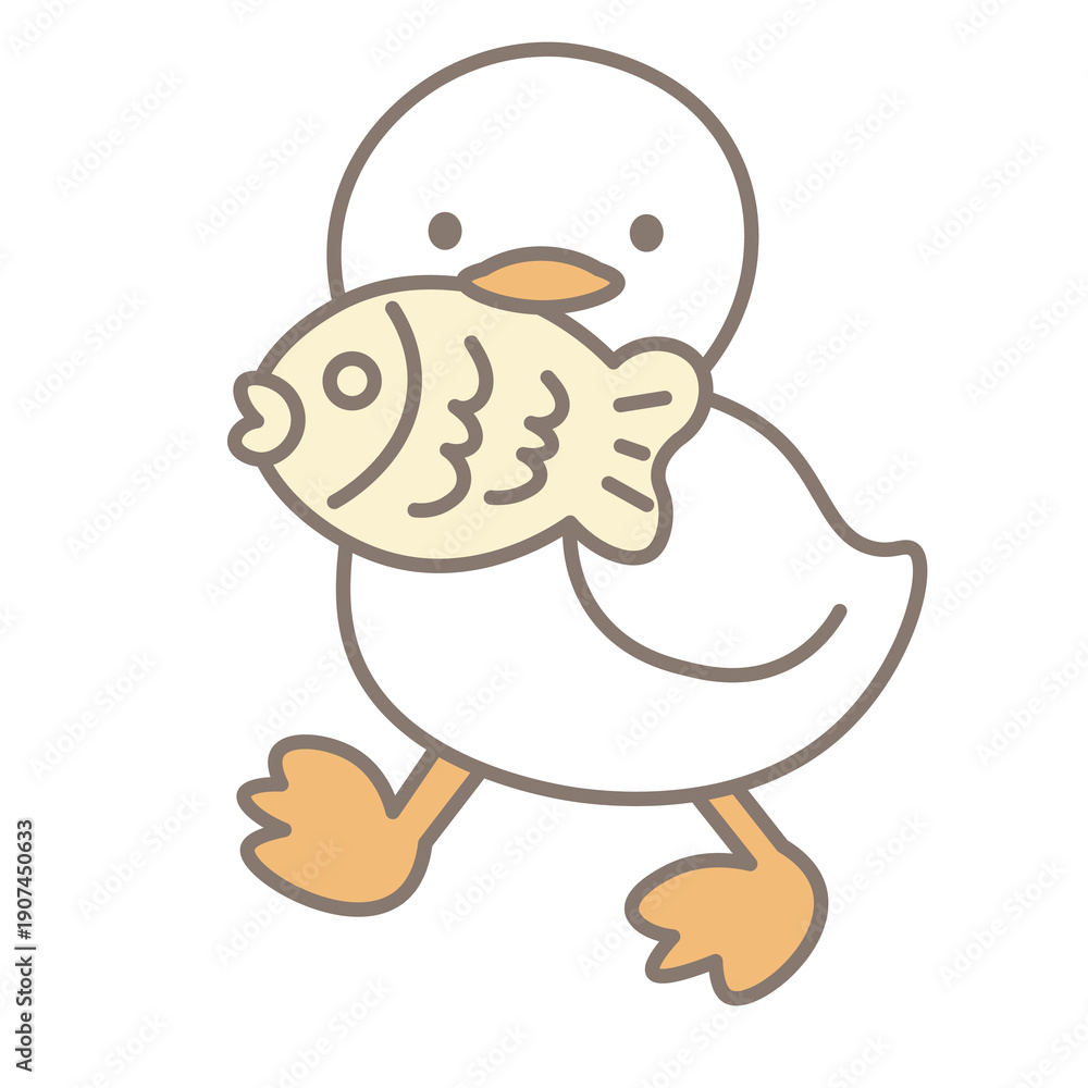 Fototapeta premium 魚をくわえたアヒルのかわいいイラスト
