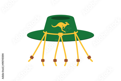 A vector graphic illustration of a green hat with a kangaroo emblem and yellow chin straps
