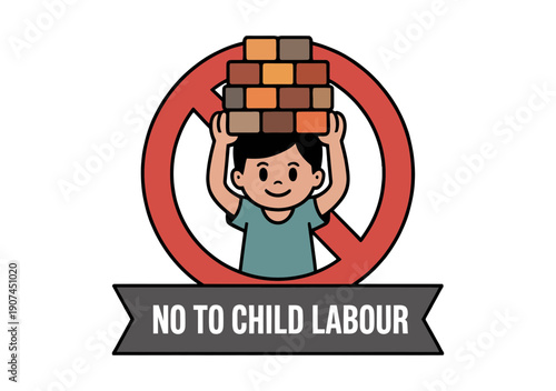 A vector graphic illustration of a child holding bricks in a red prohibition sign with a banner reading No to Child Labour