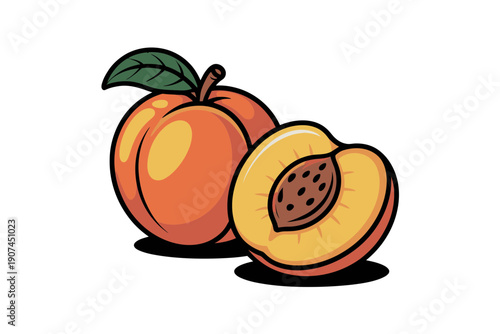 A colorful cartoon illustration of two peaches, one whole and one halved, showcasing its pit and vibrant orange flesh.