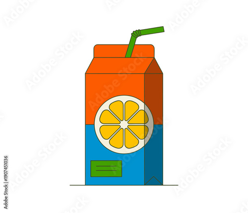 A colorful vector illustration of a juice carton with a straw and a slice of orange on the front