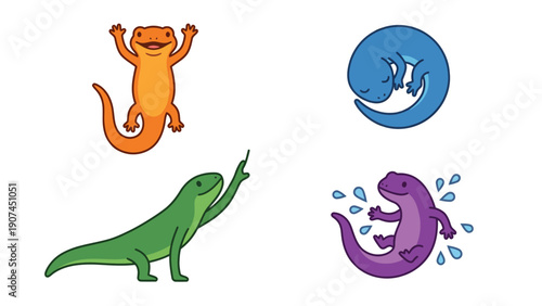 Cute Cartoon Salamanders and Newts Vector Set. Colorful Amphibian Characters in Various Poses and Emotions.