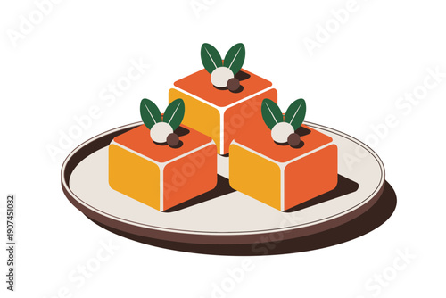 A vector graphic illustration of three orange cubes with green sprouts on a plate