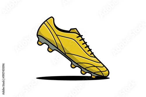 A vibrant yellow soccer cleat with black laces and studs, depicted in a modern flat vector illustration style.