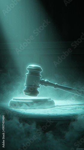 Judges gavel striking with dramatic lighting and smoke.