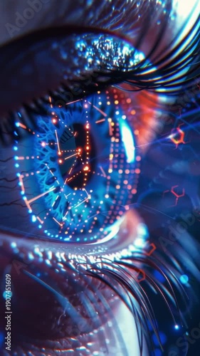 Close up of futuristic digital eye with glowing interface.