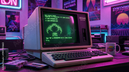 A vintage 1980s computer terminal on a desk with a 