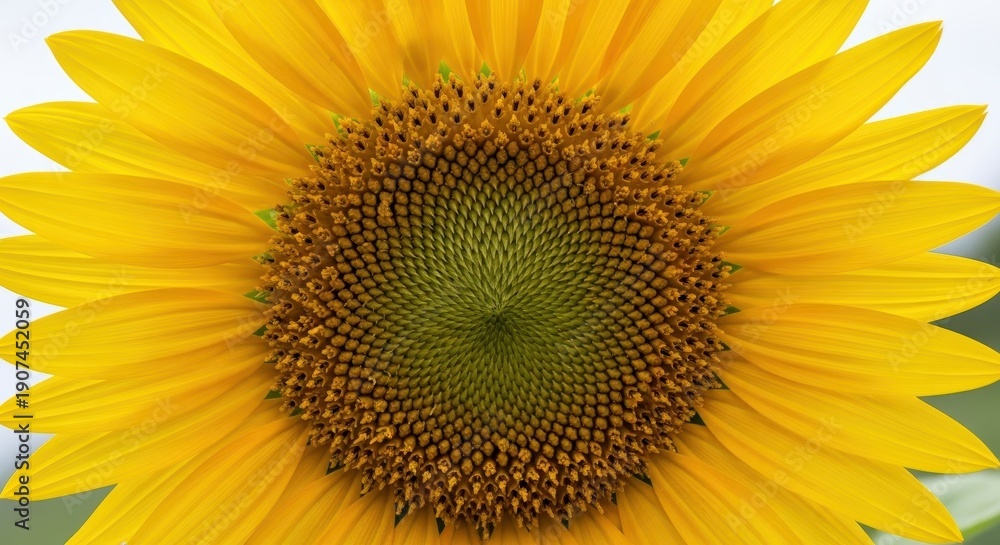 Naklejka premium Capturing the vibrant yellow petals and intricate seed pattern of a mature, living sunflower bloom basking in bright daylight outdoors, outdoors, detailed, vivid