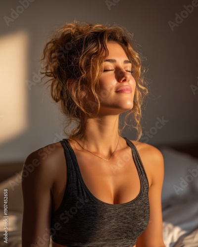 Serene Moment: Young Woman Basking in Warm Golden Light generated by AI