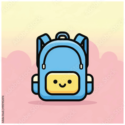 Blue Cartoon Backpack with Smiling Face Illustration.