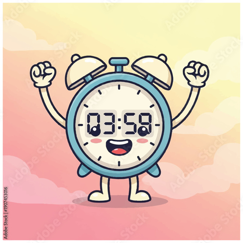 Cartoon Alarm Clock Character Celebrating.
