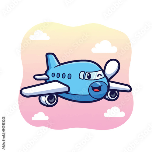 Cartoon Blue Airplane Flying in Clouds.