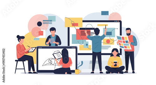 Collaborative team of designers and developers working together on digital projects, optimizing user experience and creating innovative web solutions.