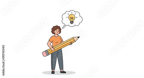 The image depicts a thoughtful individual holding an oversized pencil, symbolizing the creative process, brainstorming, and the generation of innovative ideas.