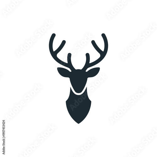 A minimalist black silhouette of a deer's head with antlers on a white background