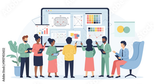 A diverse professional team actively collaborates, analyzing digital data and creative designs on a large interactive screen during a productive business meeting.