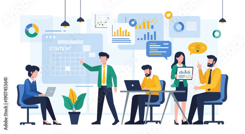 Modern business professionals are actively collaborating on digital marketing strategies and data analysis within a sleek, technology-driven office setting.