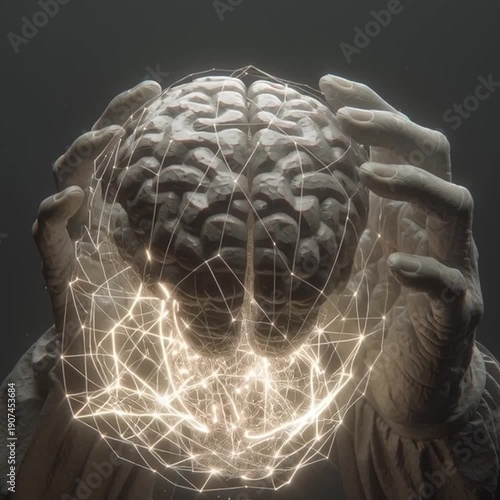 Hands Holding Illuminated Human Brain Neural Network Model.