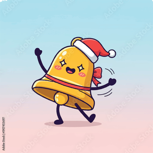 Cartoon Bell Character Wearing Santa Hat Dancing.