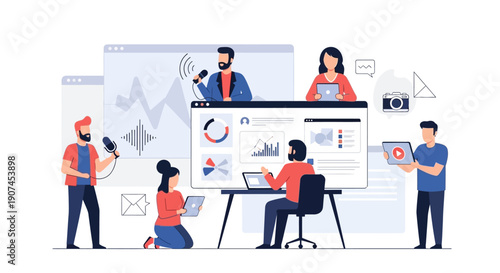 Diverse team of creative professionals collaborating on various digital marketing and content creation tasks, utilizing modern technology for online business success.