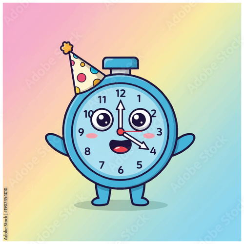 Cartoon Alarm Clock Character with Party Hat.