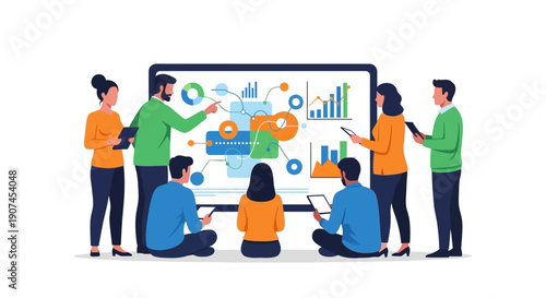 A diverse team of professionals collaborates on a large interactive screen, analyzing complex business data and strategic insights for informed decision-making.