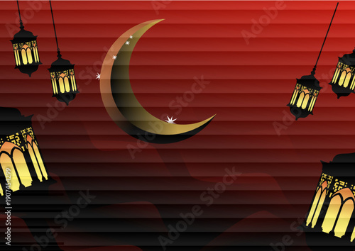 A captivating crescent moon and glowing lanterns illuminate the serene night sky, perfect for a spiritual celebration
