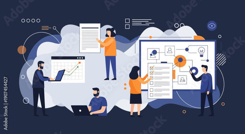 Professionals collaborate on data analysis, project management, and strategic development, utilizing modern technology in a dynamic business setting.