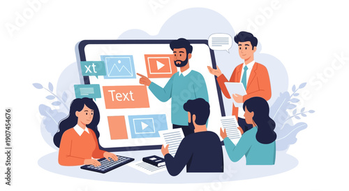 Diverse team collaborating on a large digital screen, engaging in online learning and content creation for modern educational or business strategies.