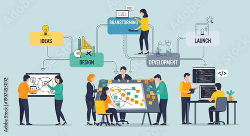 An organized business development workflow is illustrated, showing diverse teams collaborating on ideas, design, development, and a successful product launch.
