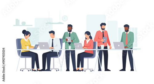 A diverse team of professionals collaborates diligently during an important corporate meeting, fostering productivity and innovation in a modern office environment.