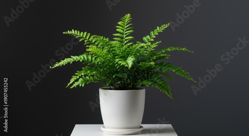 Lush, vibrant green Boston fern houseplant displayed indoors in a minimalist white ceramic flowerpot, emphasizing natural beauty and health, green, planter, decoration