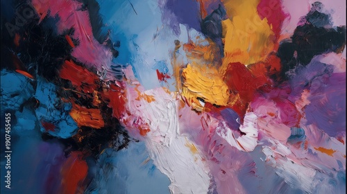 Vibrant abstract oil painting with dynamic brush strokes and expressive color composition.