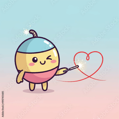 Cartoon Character Drawing Heart with Pencil.