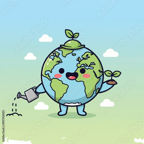 Cartoon Globe Character Watering Plants.