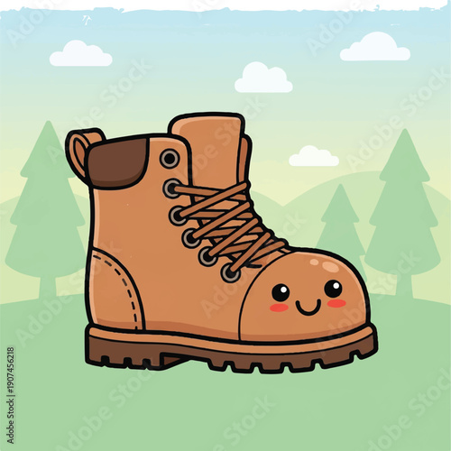 Cartoon Brown Boot with Laces and Smiling Face.
