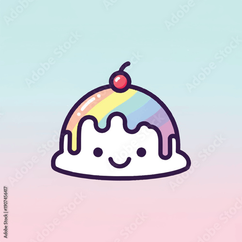 Cartoon Ice Cream with Rainbow Colors and Cherry.