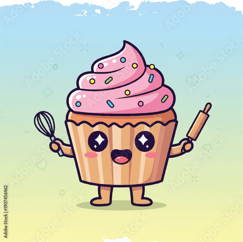 Cartoon Cupcake Character with Baking Utensils.