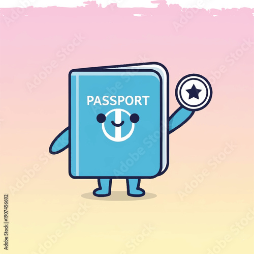 Cartoon Passport Character with Travel Symbol.