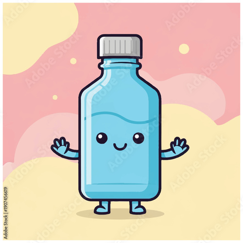 Cartoon Medicine Bottle Character with Smiling Face.